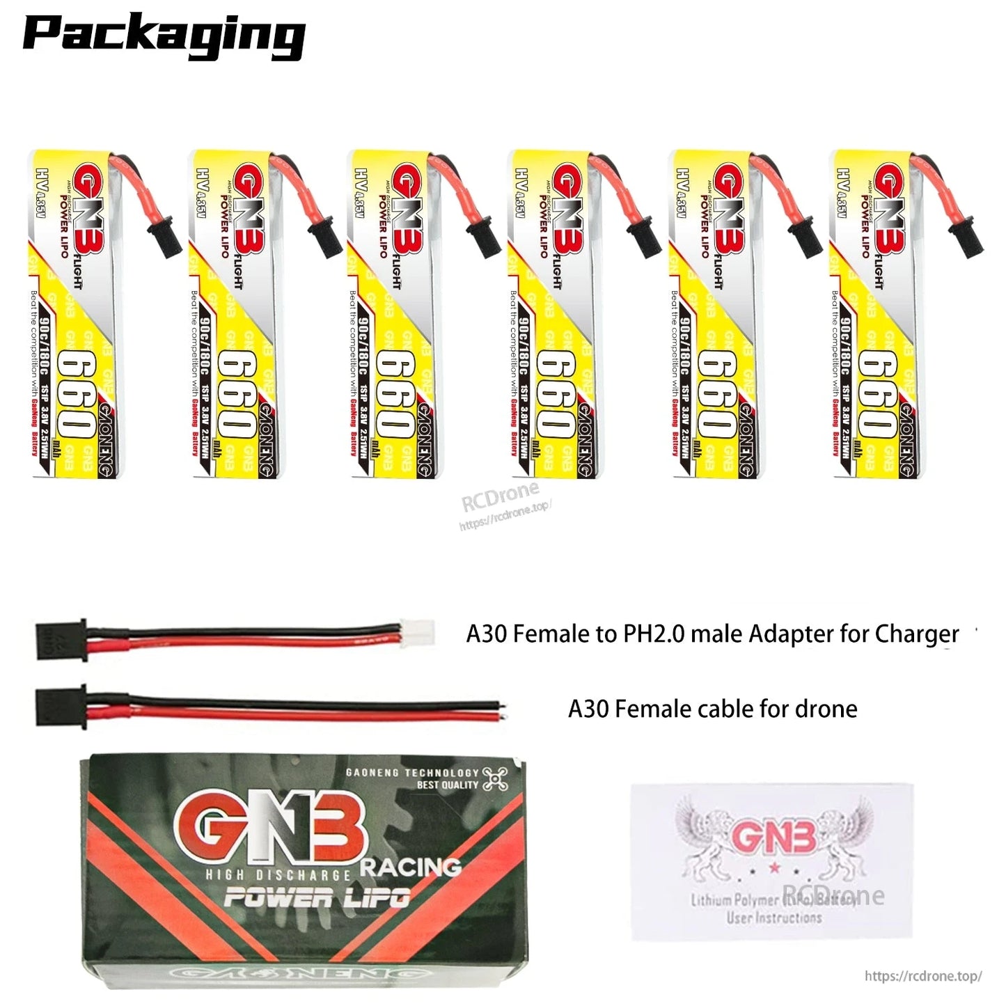 Packaging contents display: six GNB 660 batteries plus A30-to-PH2.0 adapter, A30 cable, retail box, manual