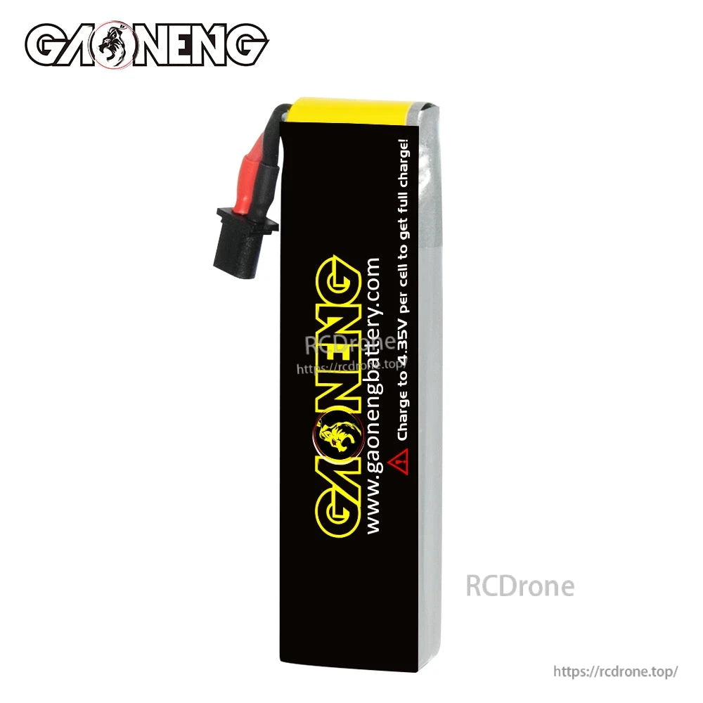 Side view of GAONENG GNB LiPo battery showing black safety label panel and A30 lead exit