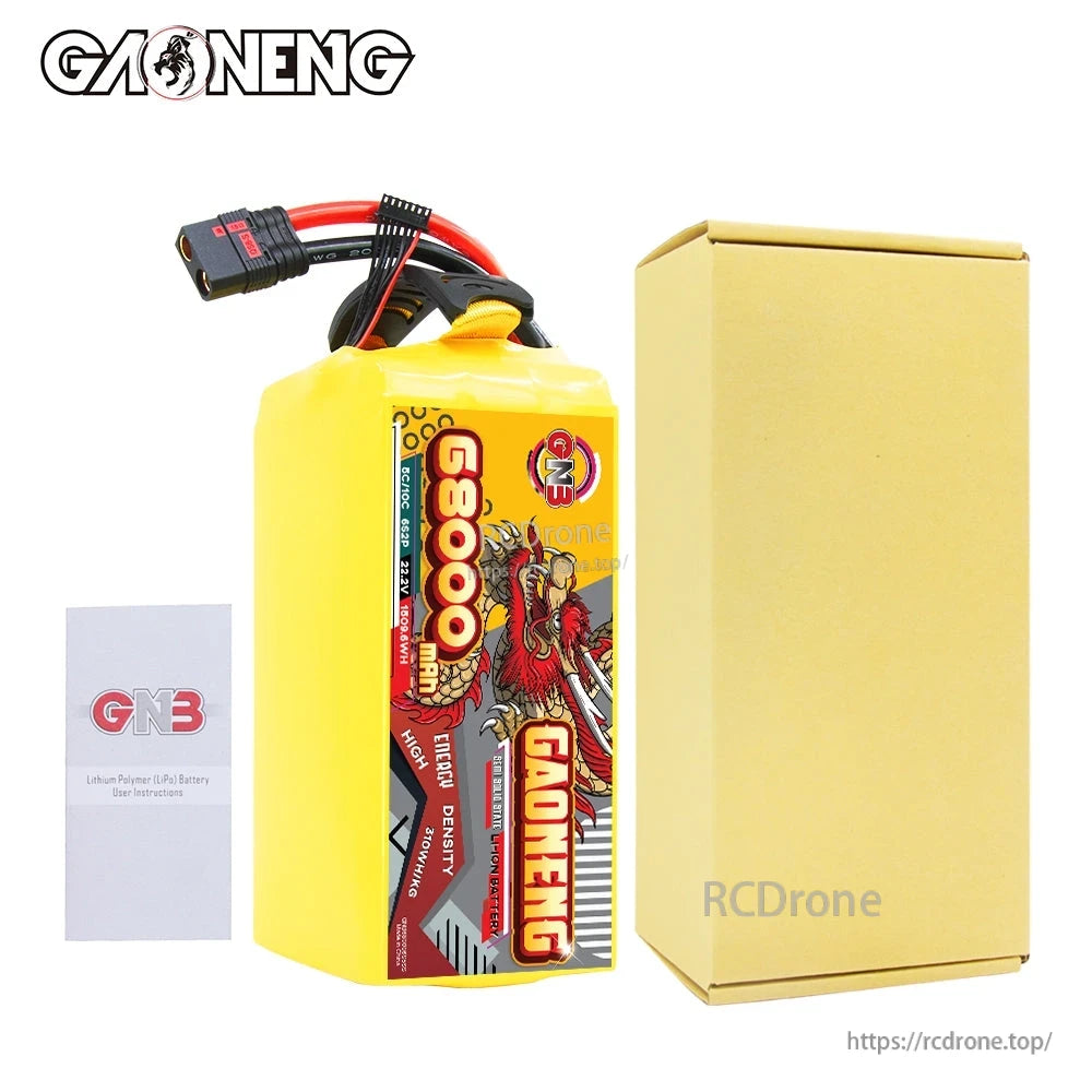 Package contents shown: GAONENG 68000mAh battery, plain box, and GNB instruction manual card