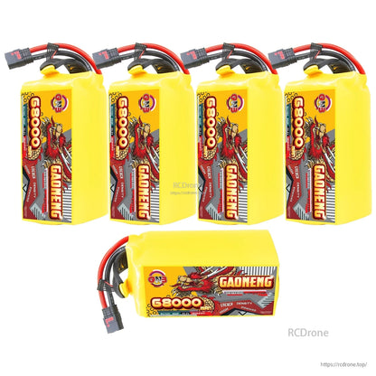 Five GAONENG 68000mAh battery packs shown, four upright and one horizontal for size comparison