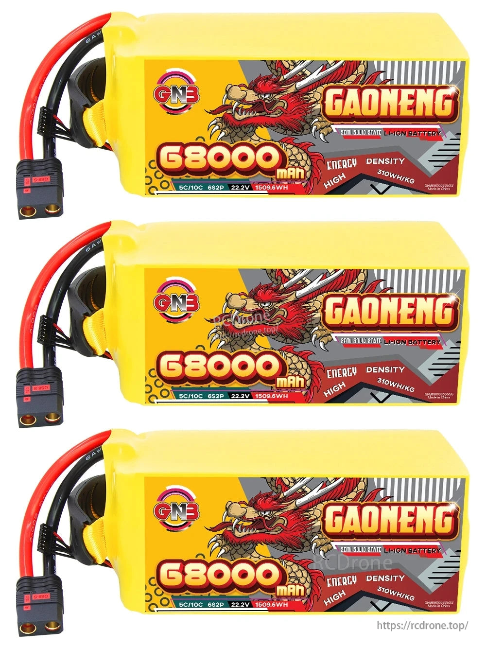 Three GAONENG 68000mAh battery packs lined up, side label view with discharge connectors visible
