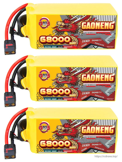 Three GAONENG 68000mAh battery packs lined up, side label view with discharge connectors visible