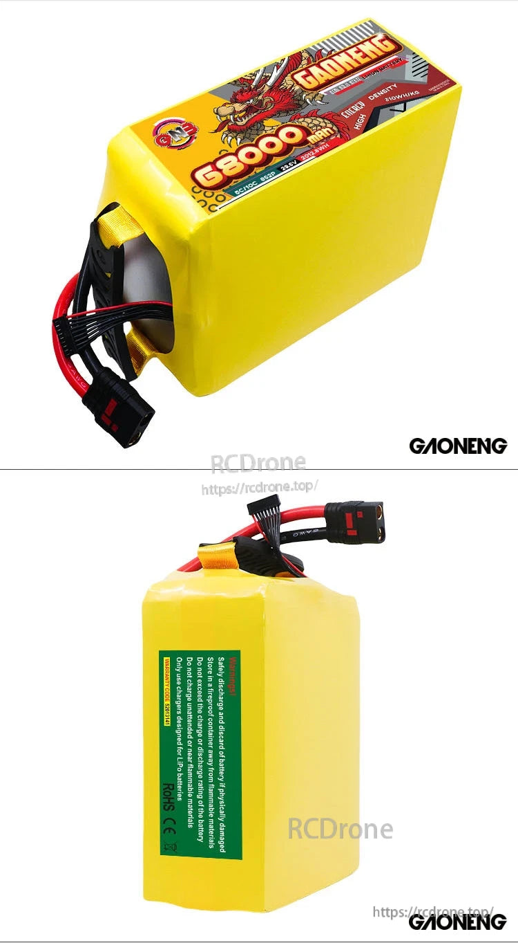 Collage showing top angled view and rear safety label view of the GAONENG 68000mAh 8S battery