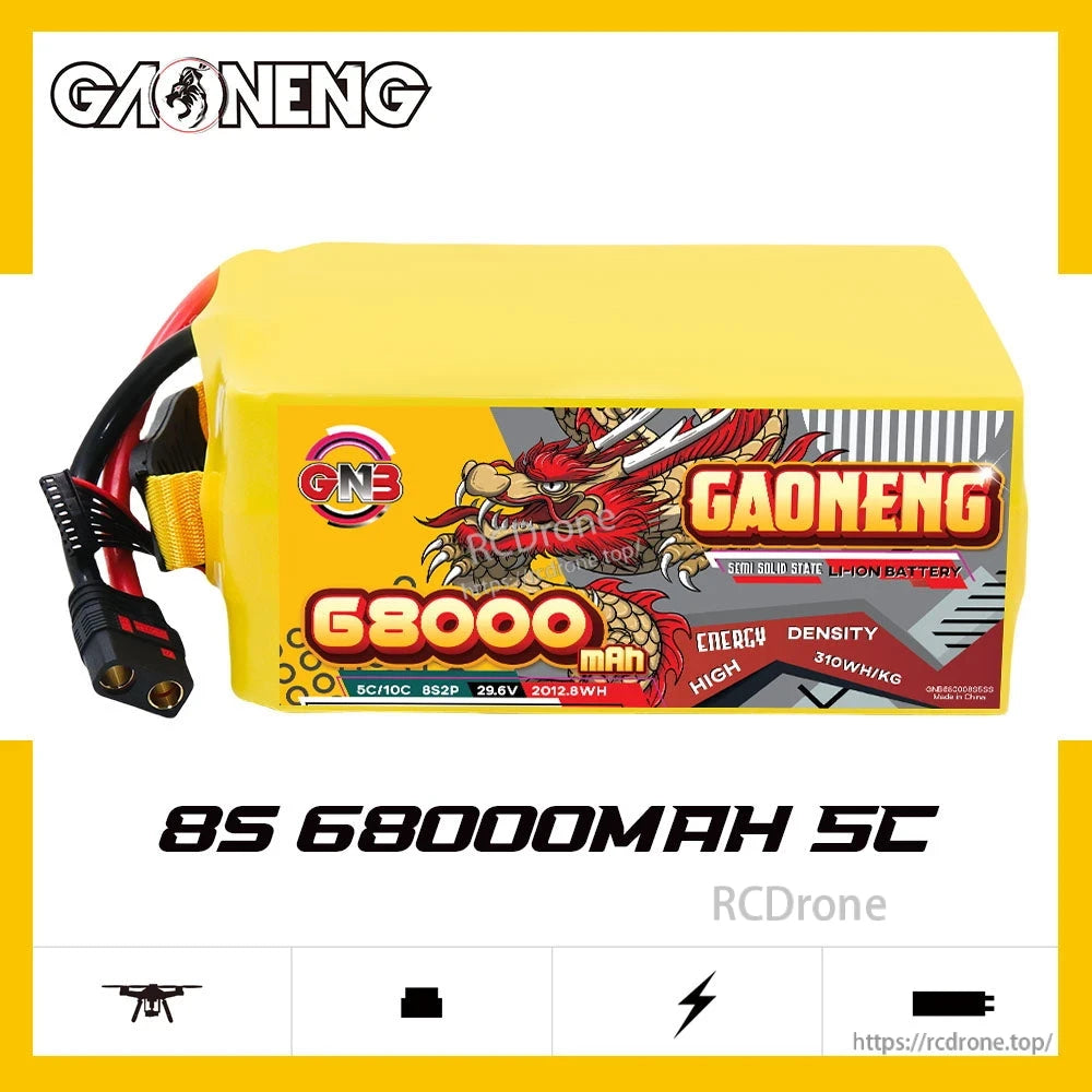 GAONENG GNB 8S 68000mAh 5C battery side label view with connector leads on white background