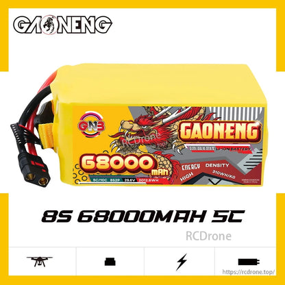 GAONENG GNB 8S 68000mAh 5C battery side label view with connector leads on white background