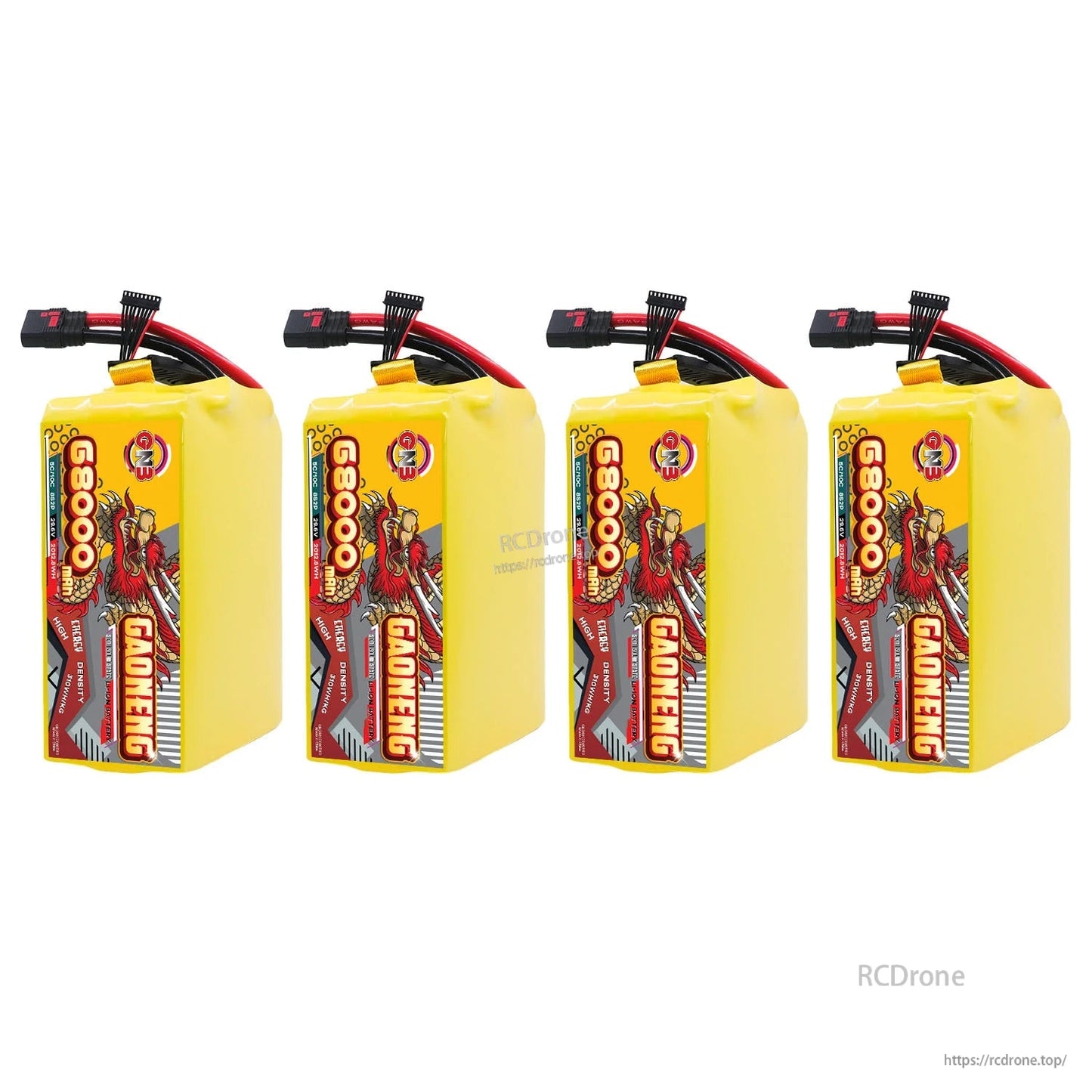 Four GAONENG 68000mAh battery packs standing upright in a row, showing front label and leads