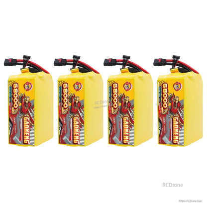 Four GAONENG 68000mAh battery packs standing upright in a row, showing front label and leads