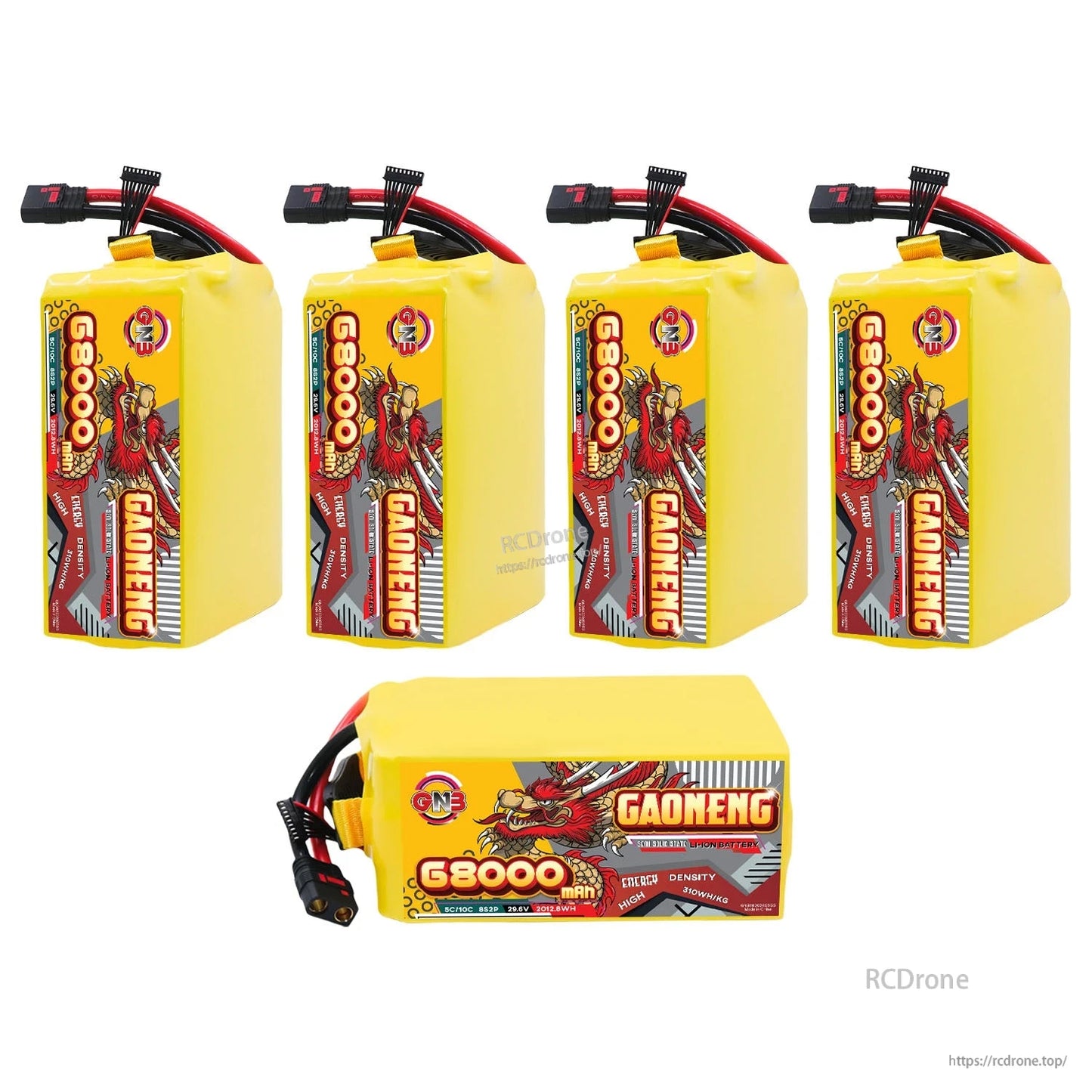 Five-pack display: four upright GAONENG batteries plus one horizontal battery showing side label and leads