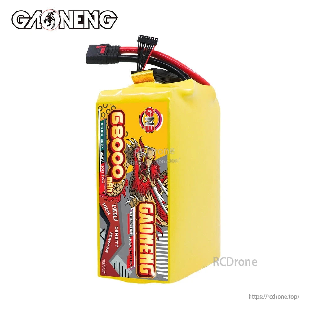 Front view of GAONENG 68000mAh battery pack standing upright with QS8-S discharge connector and balance plug