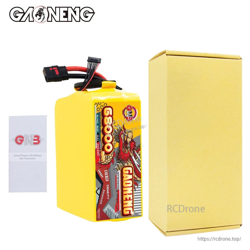 Package contents: GAONENG battery pack with plain cardboard box and GNB user manual leaflet