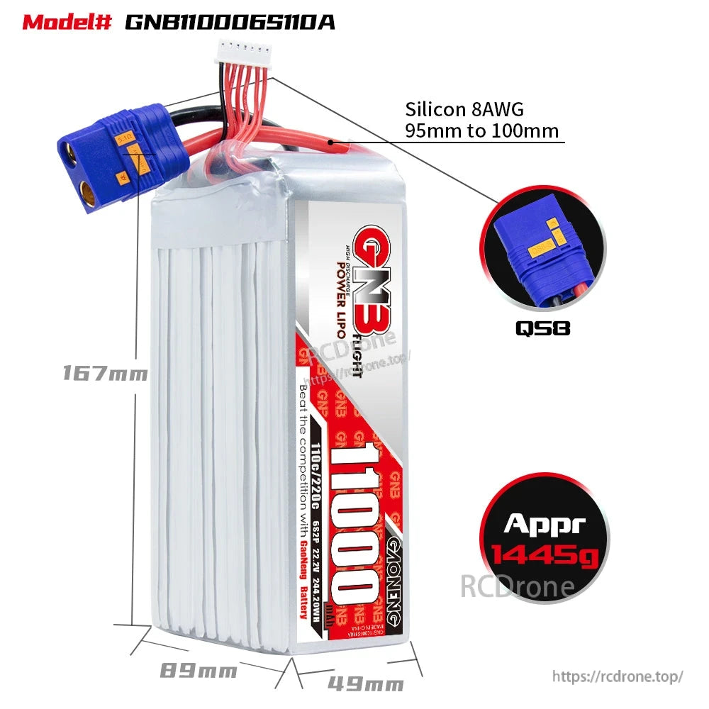 GNB11000 6S battery size diagram with dimensions, QS8 connector detail, and approx. weight 1445g