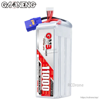 Vertical standing view of GNB 11000 battery showing side label and wire exit at top