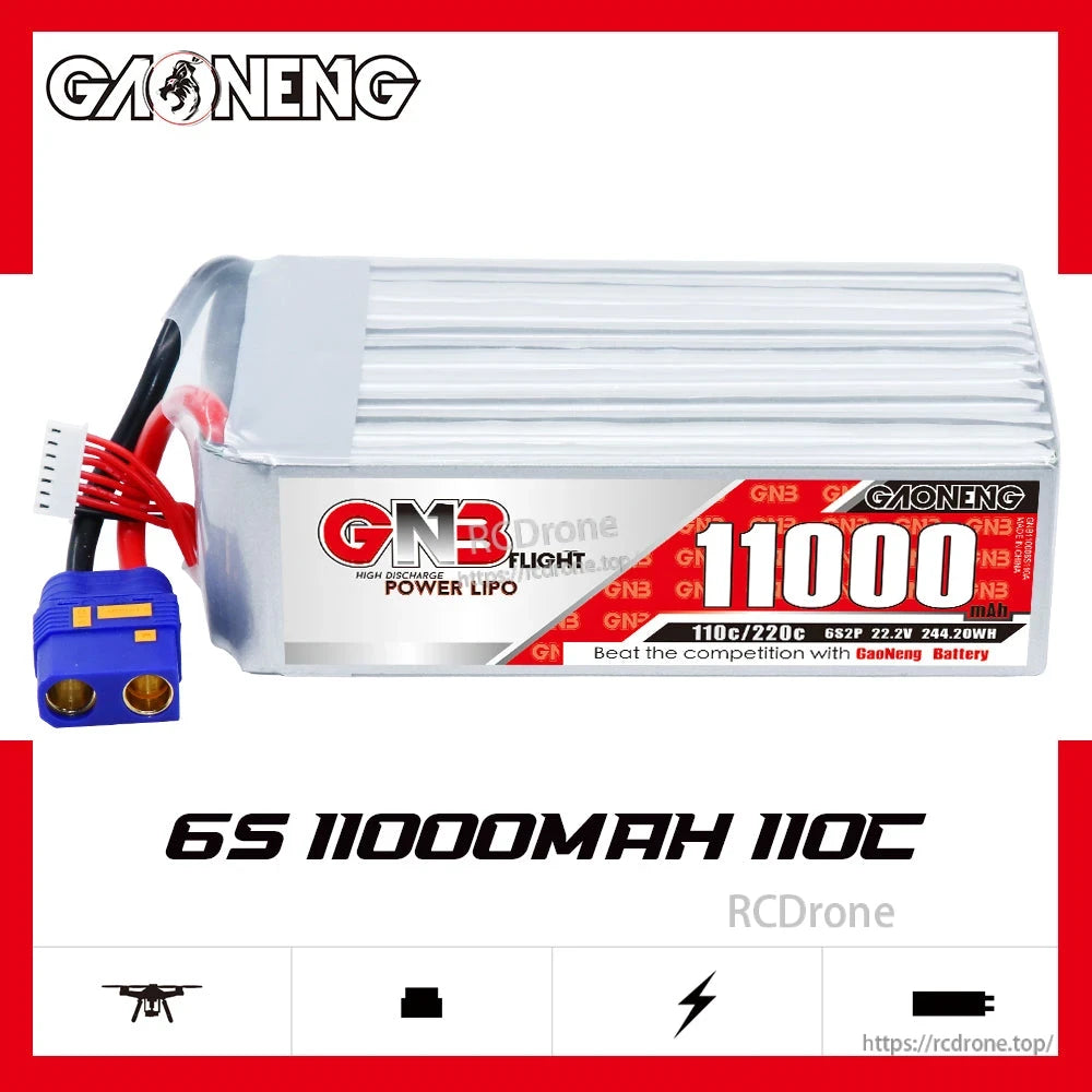Side view of GAONENG GNB 6S 11000mAh 110C 22.2V LiPo battery label with QS8 plug
