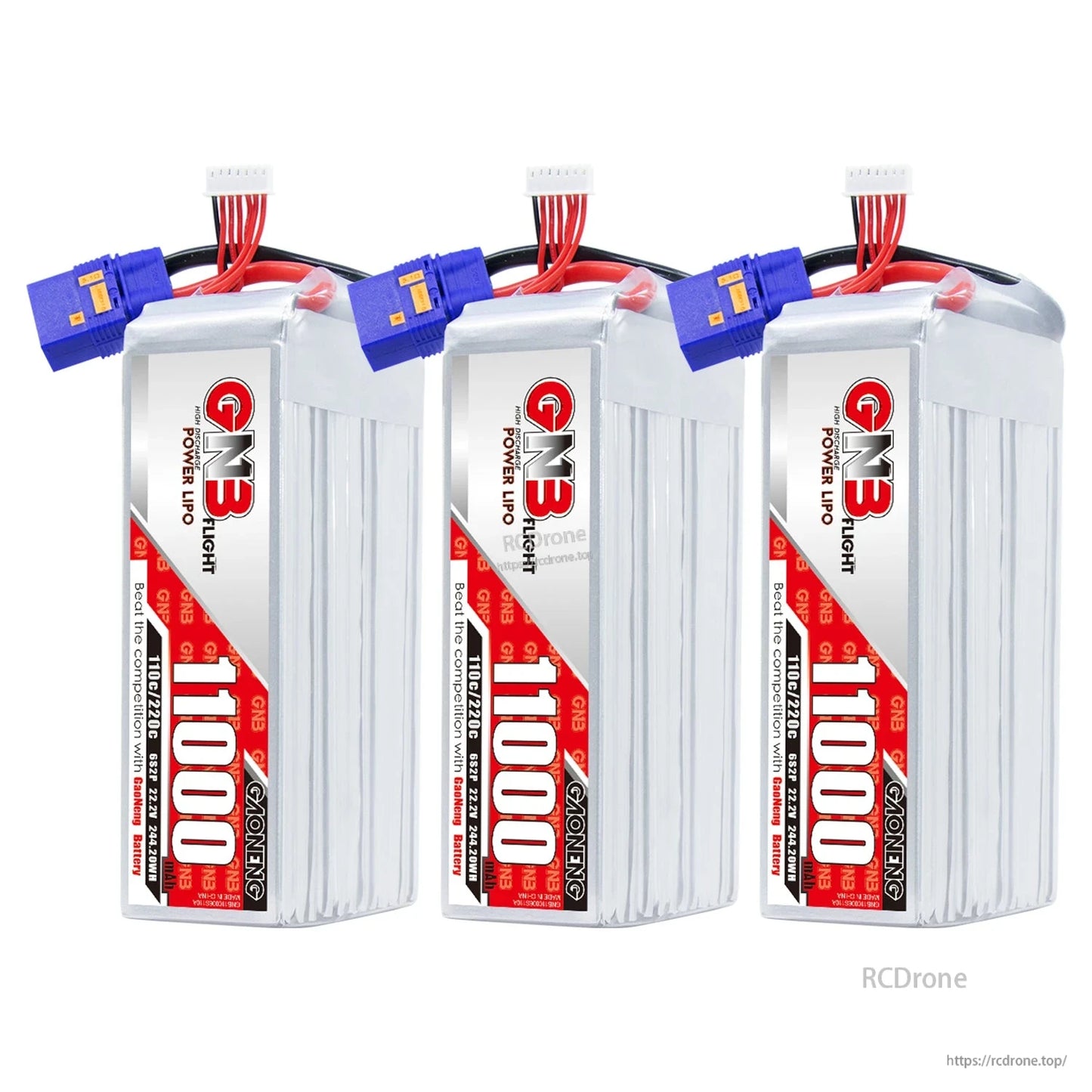 Three GNB 11000 LiPo batteries displayed upright with QS8 connectors