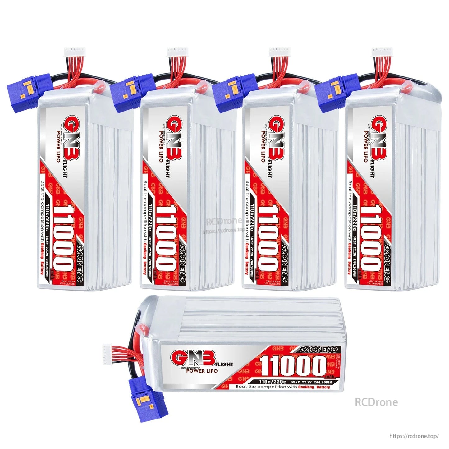 Five GNB 11000 LiPo batteries shown, including one laid horizontally with label visible