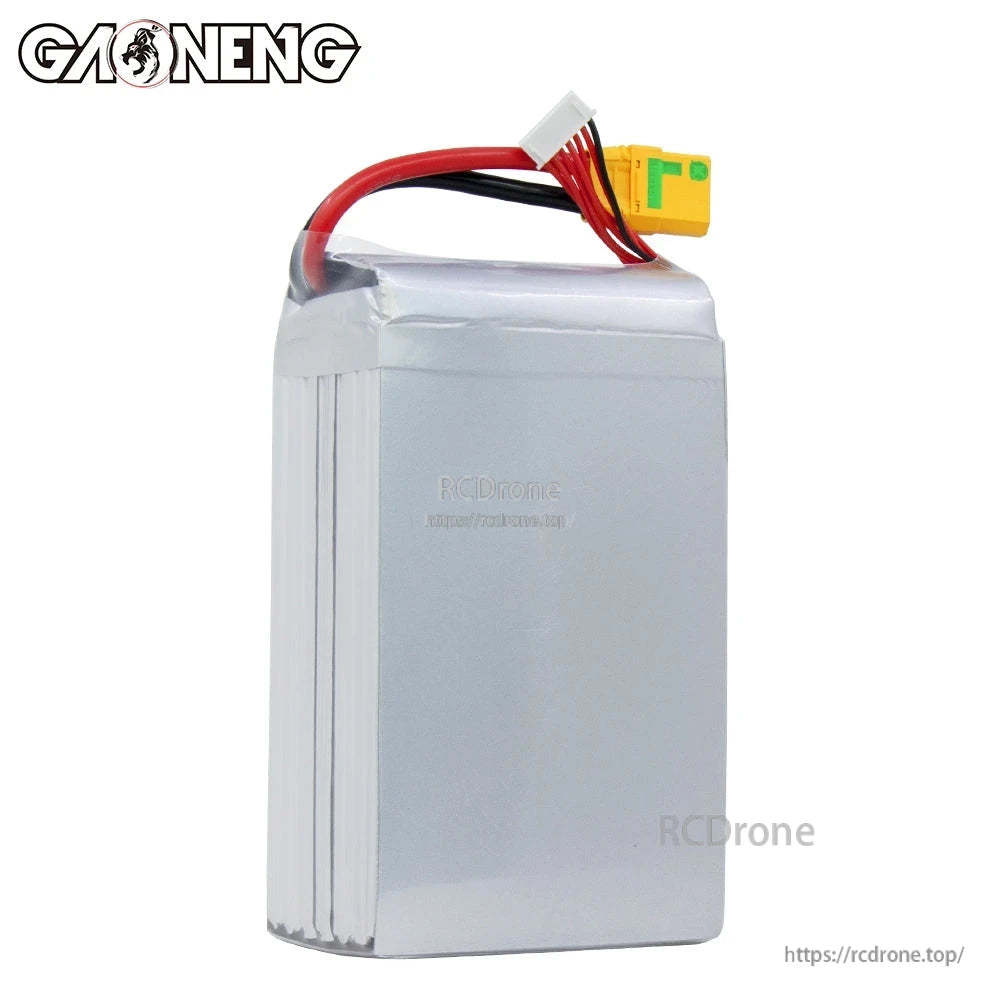 Rear view of GAONENG GNB battery pack showing plain silver wrap and top-mounted XT90S plug and balance lead