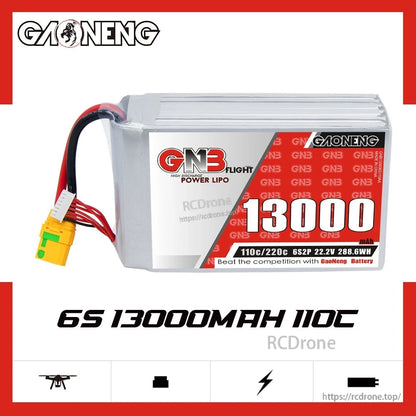 Side profile of GAONENG GNB 6S 22.2V 13000mAh 110C LiPo battery with XT90S connector and balance plug
