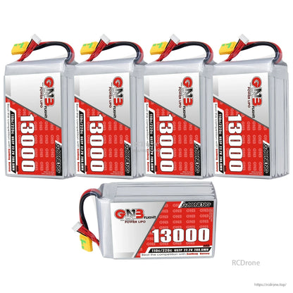 Set of four upright GNB 13000mAh packs plus one horizontal pack showing top ribbed casing and label