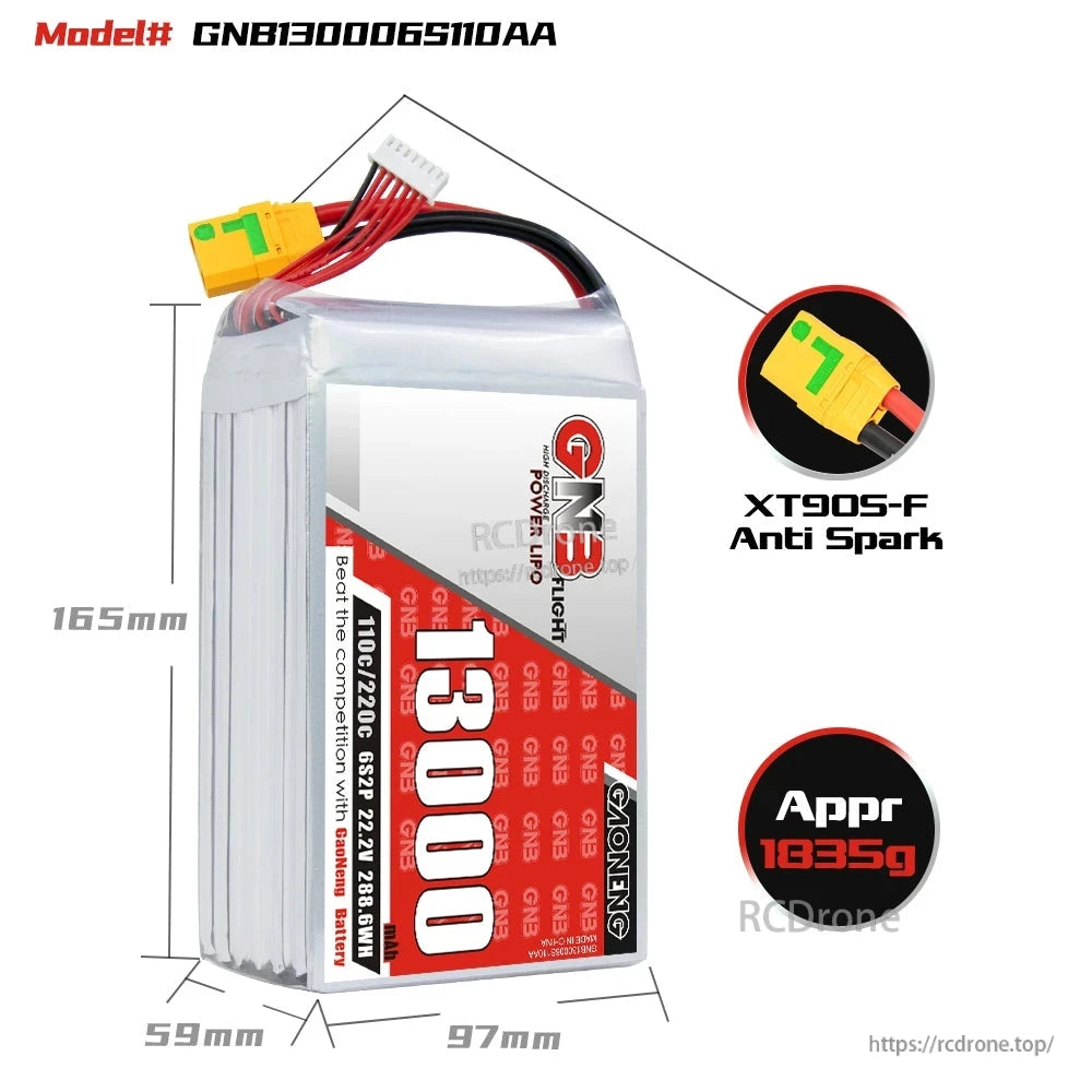 GNB13000 6S battery dimensions and weight diagram, 165 x 97 x 59 mm, approx 1835 g, XT90S-F anti-spark