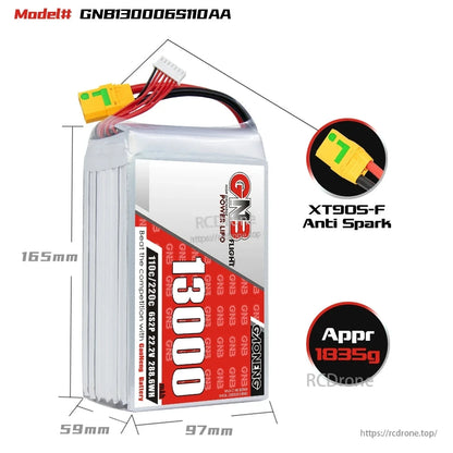 GNB13000 6S battery dimensions and weight diagram, 165 x 97 x 59 mm, approx 1835 g, XT90S-F anti-spark