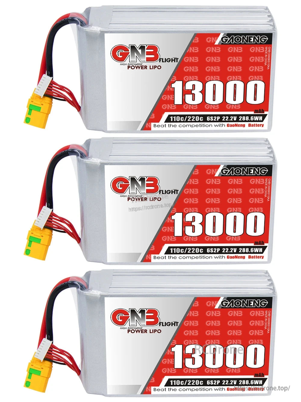 Three GAONENG GNB 13000mAh 6S LiPo battery packs stacked, showing side label and XT90S connectors