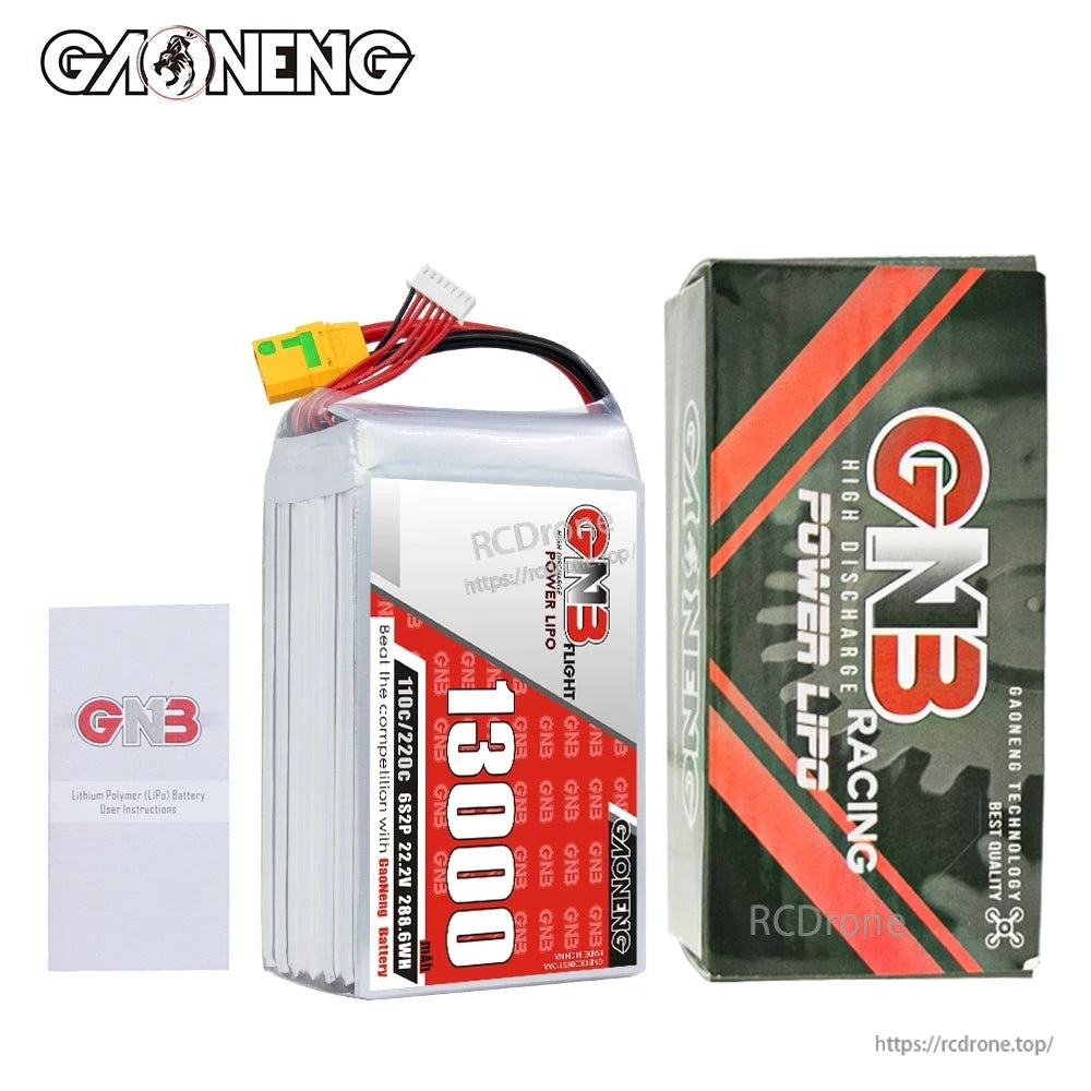 Package contents: GNB 13000mAh 6S LiPo battery, retail box, and instruction leaflet