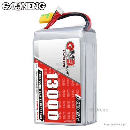 Front label view of GNB 13000mAh 6S LiPo battery showing 110C/220C rating and 22.2V 288.6Wh text