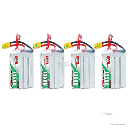 Four-pack lineup of GNB 13500mAh LiPo batteries shown upright with XT90S discharge leads