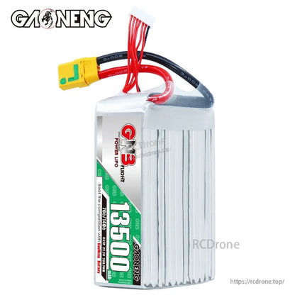Upright view of 13500mAh GNB LiPo battery with top wires, balance plug, and yellow XT90S connector
