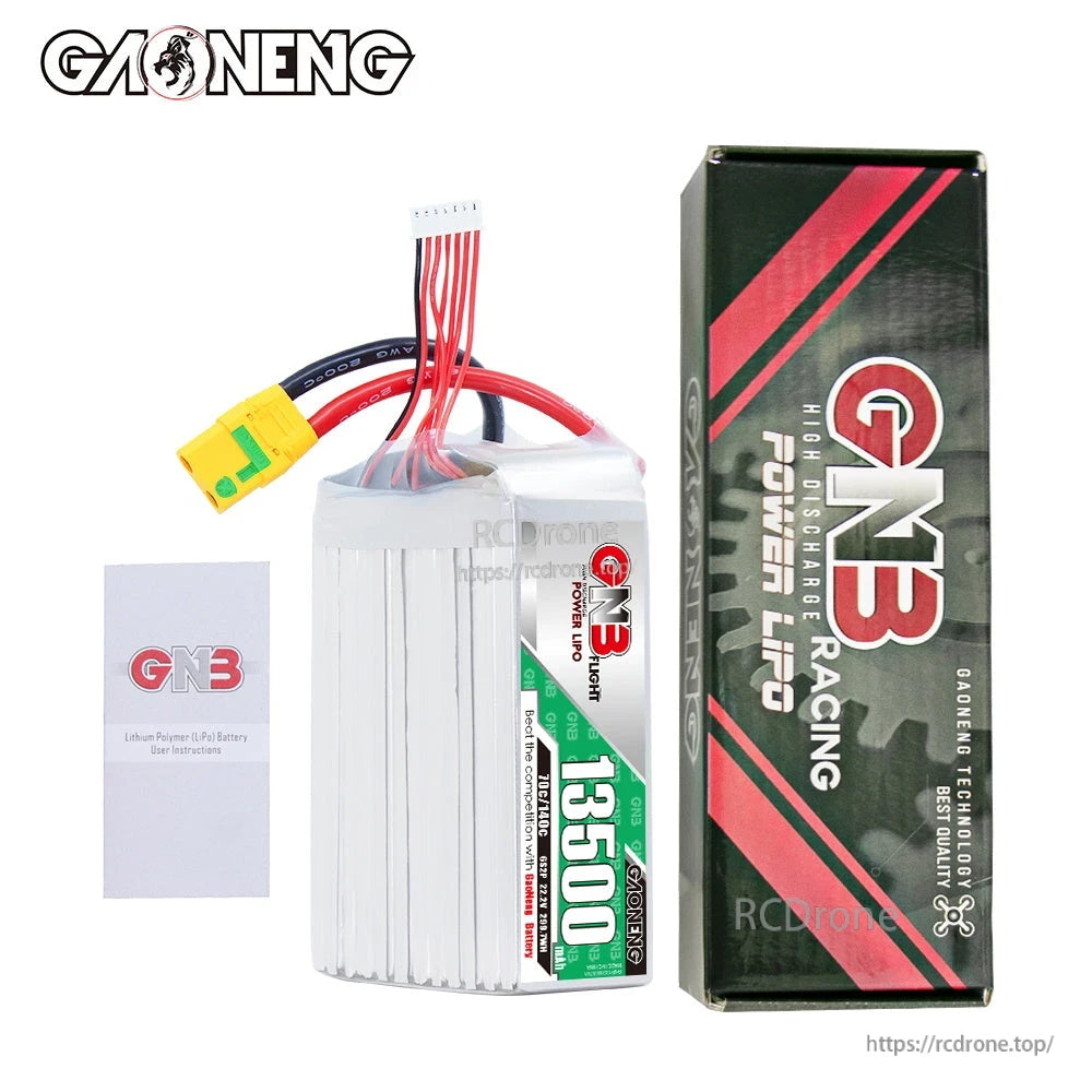 Package contents: GNB 13500mAh LiPo battery with branded retail box and small instruction card