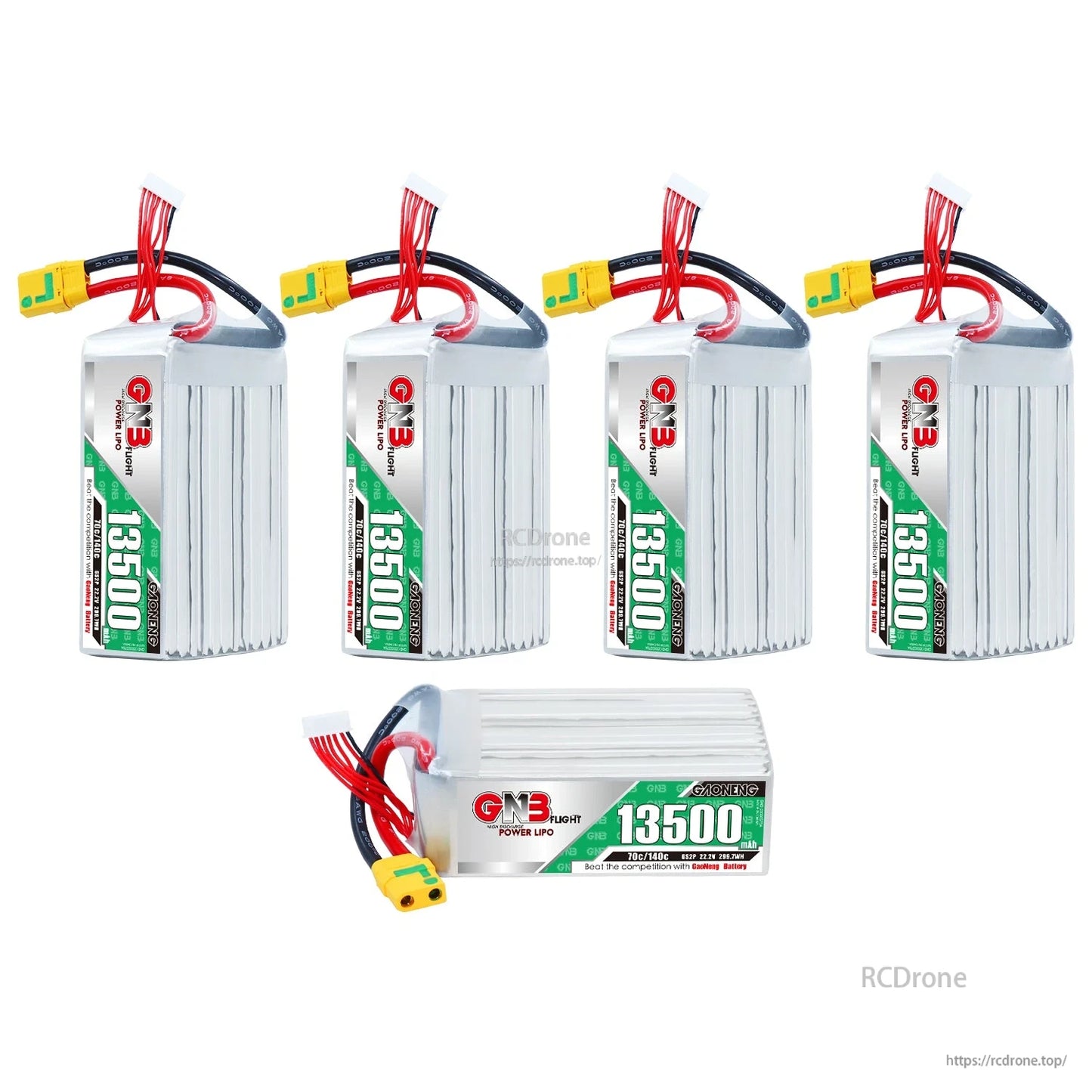 Bundle display with four upright 13500mAh batteries plus one horizontal battery showing label and XT90S plug