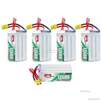 Bundle display with four upright 13500mAh batteries plus one horizontal battery showing label and XT90S plug