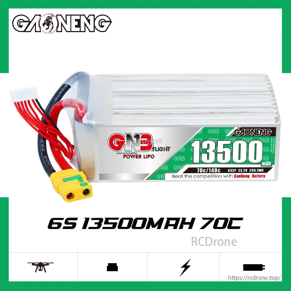 GAONENG GNB 6S 22.2V 13500mAh 70C RC LiPo Battery pack side profile with discharge lead and label