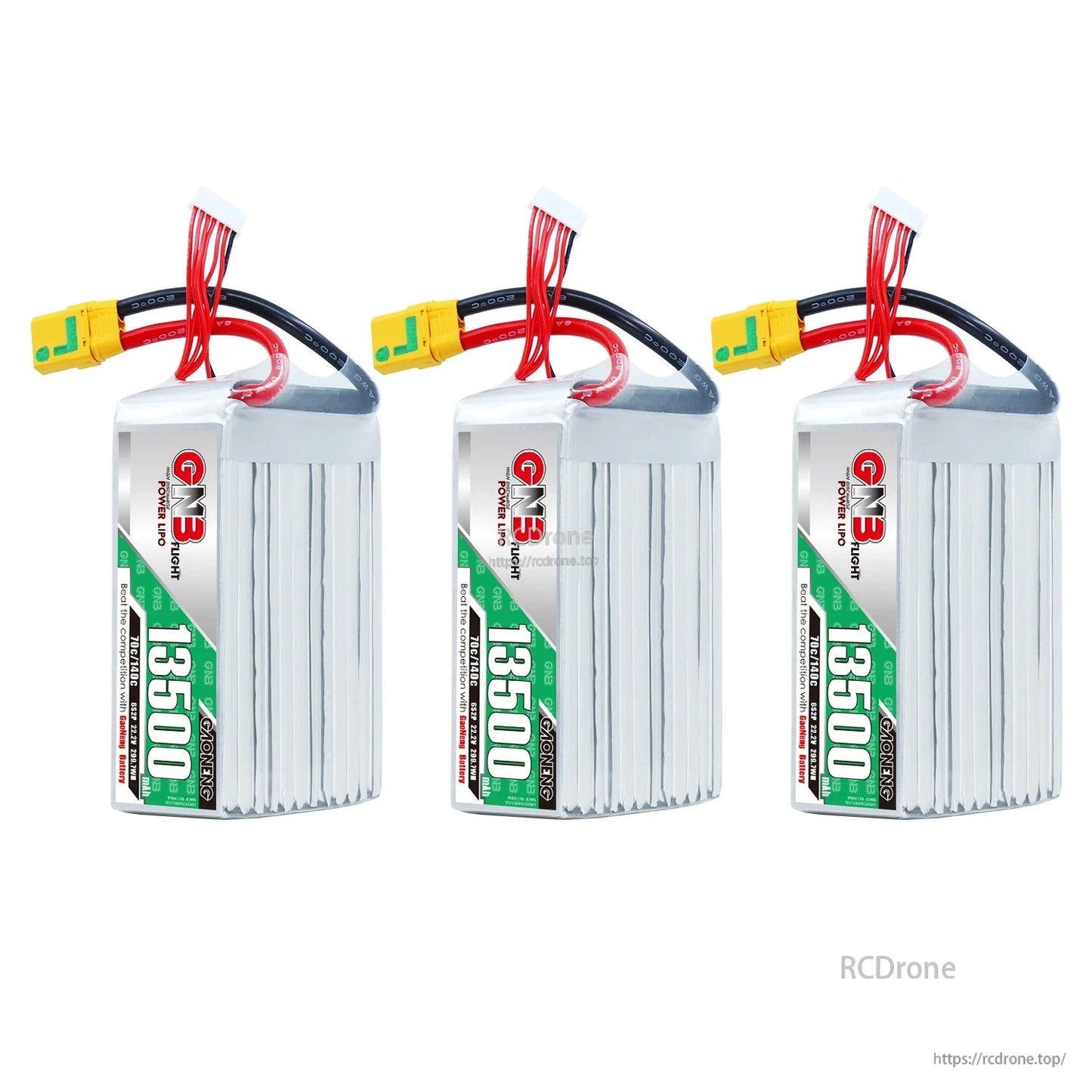Three-pack lineup of GNB 13500mAh LiPo batteries, upright with XT90S connectors and balance leads
