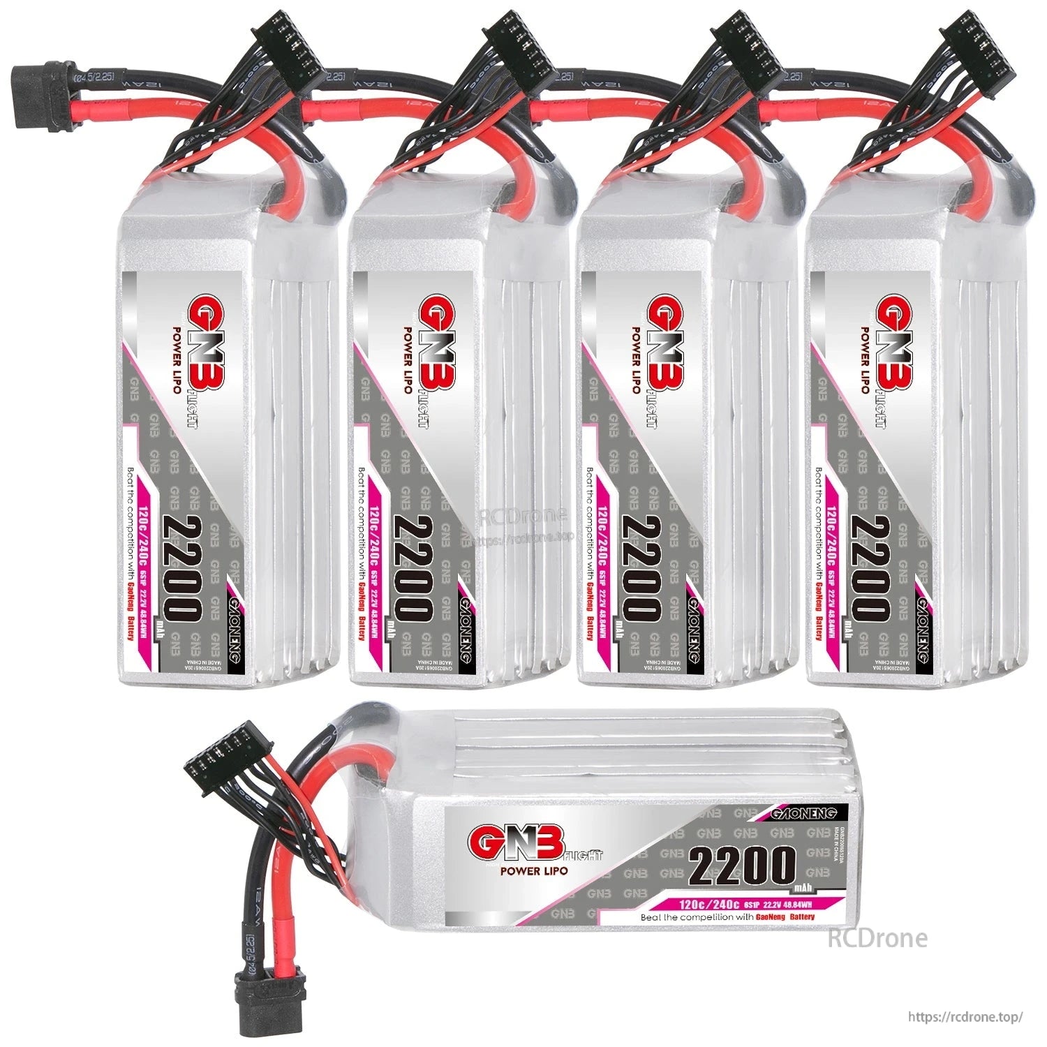 Four upright GNB batteries with one horizontal battery displayed below in a bundle layout