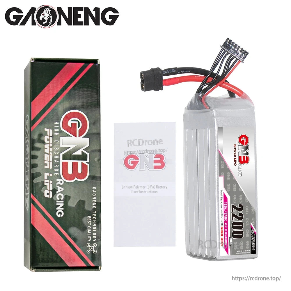 Package contents with GNB battery, retail box, and LiPo battery user instruction leaflet