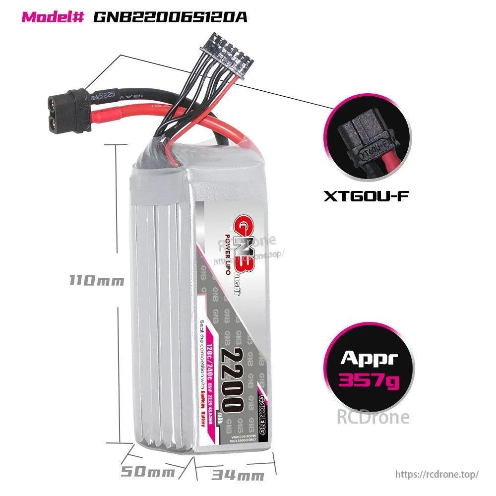 Battery size chart showing 110 x 50 x 34 mm dimensions, XT60U-F connector, and approx. 357 g weight