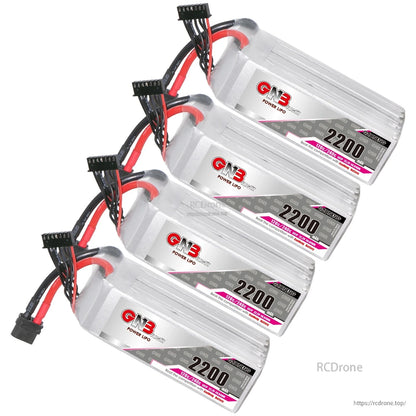 Four GAONENG GNB 2200mAh 6S LiPo batteries arranged diagonally in a multi-pack view