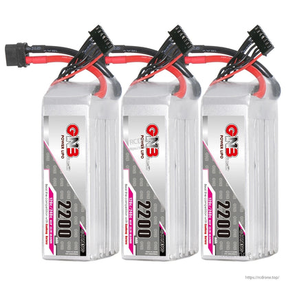 Three GNB 2200mAh 6S LiPo batteries upright in a grouped multi-pack display