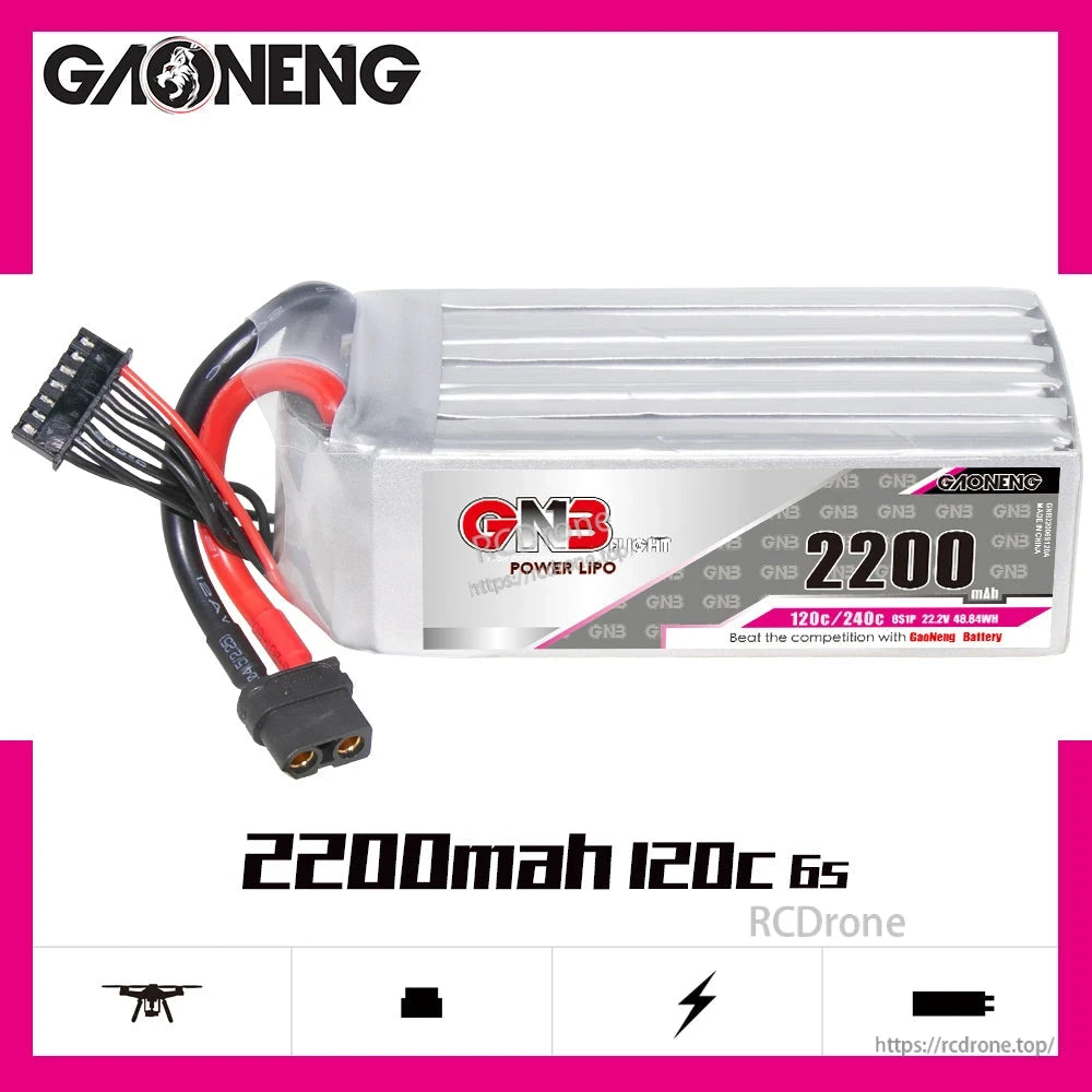GNB 2200mAh 120C 6S battery feature graphic with front product view and RC drone icon