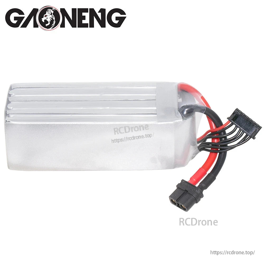 Rear side view of the GNB LiPo battery showing plain silver pack wrap and attached XT60 connector