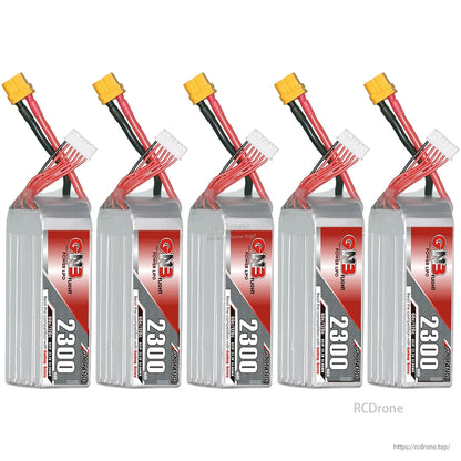 Five-pack lineup of GNB 2300 batteries, front labels aligned with XT60 leads