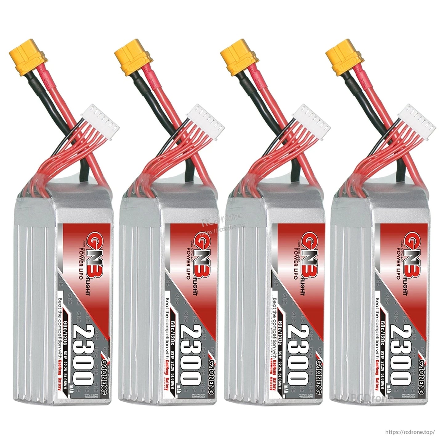 Four-pack lineup of GNB 2300 batteries with balance leads and XT60 connectors
