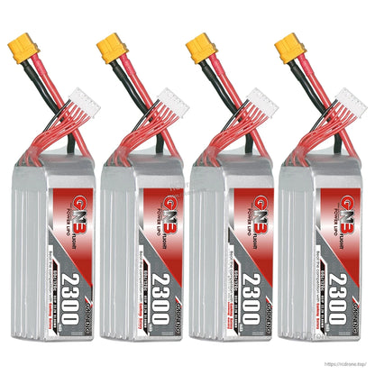 Four-pack lineup of GNB 2300 batteries with balance leads and XT60 connectors