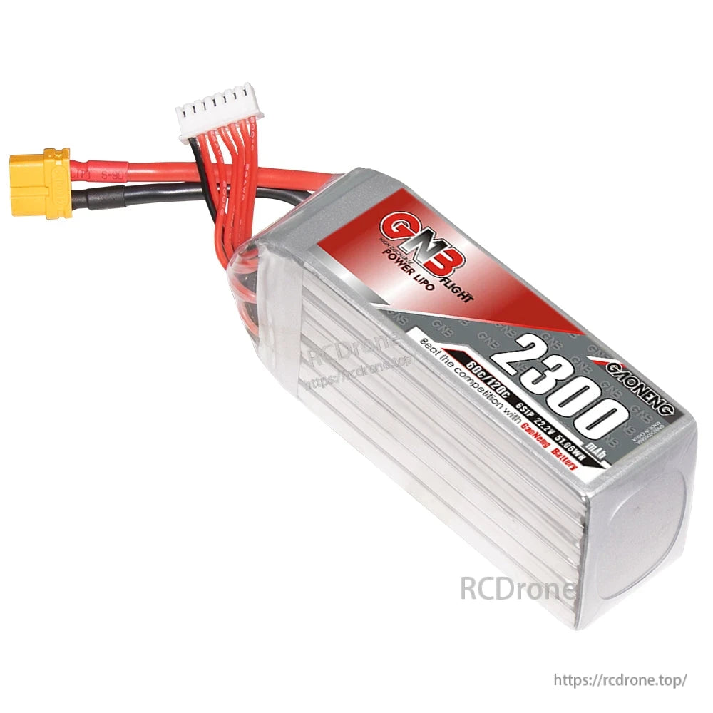 Angled side view of GNB 2300 battery showing ribbed silver casing and XT60 leads