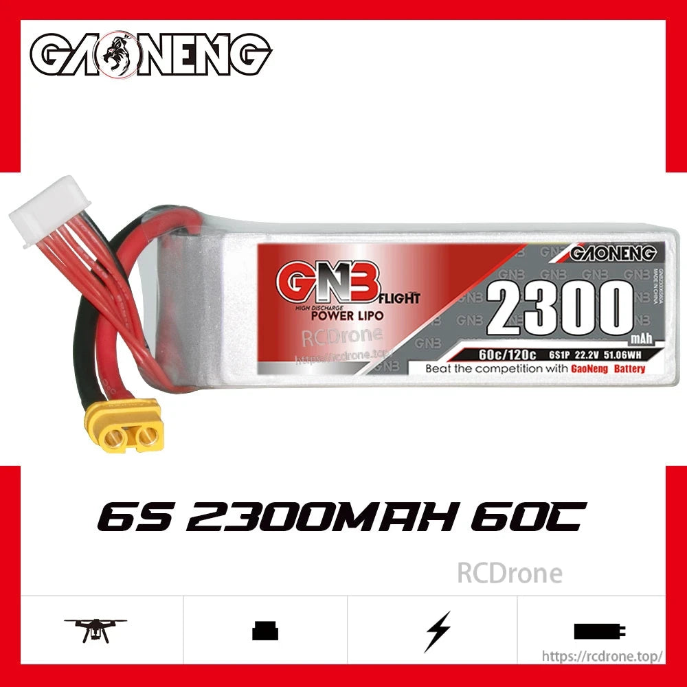 GAONENG GNB 6S 2300mAh 60C LiPo battery label showing 22.2V and 51.06Wh specs
