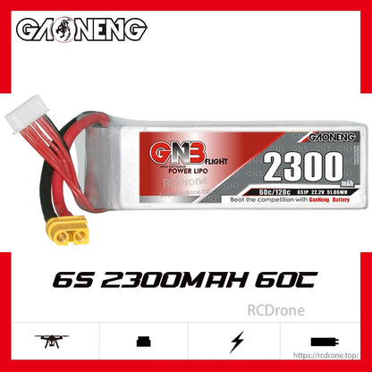 GAONENG GNB 6S 2300mAh 60C LiPo battery label showing 22.2V and 51.06Wh specs