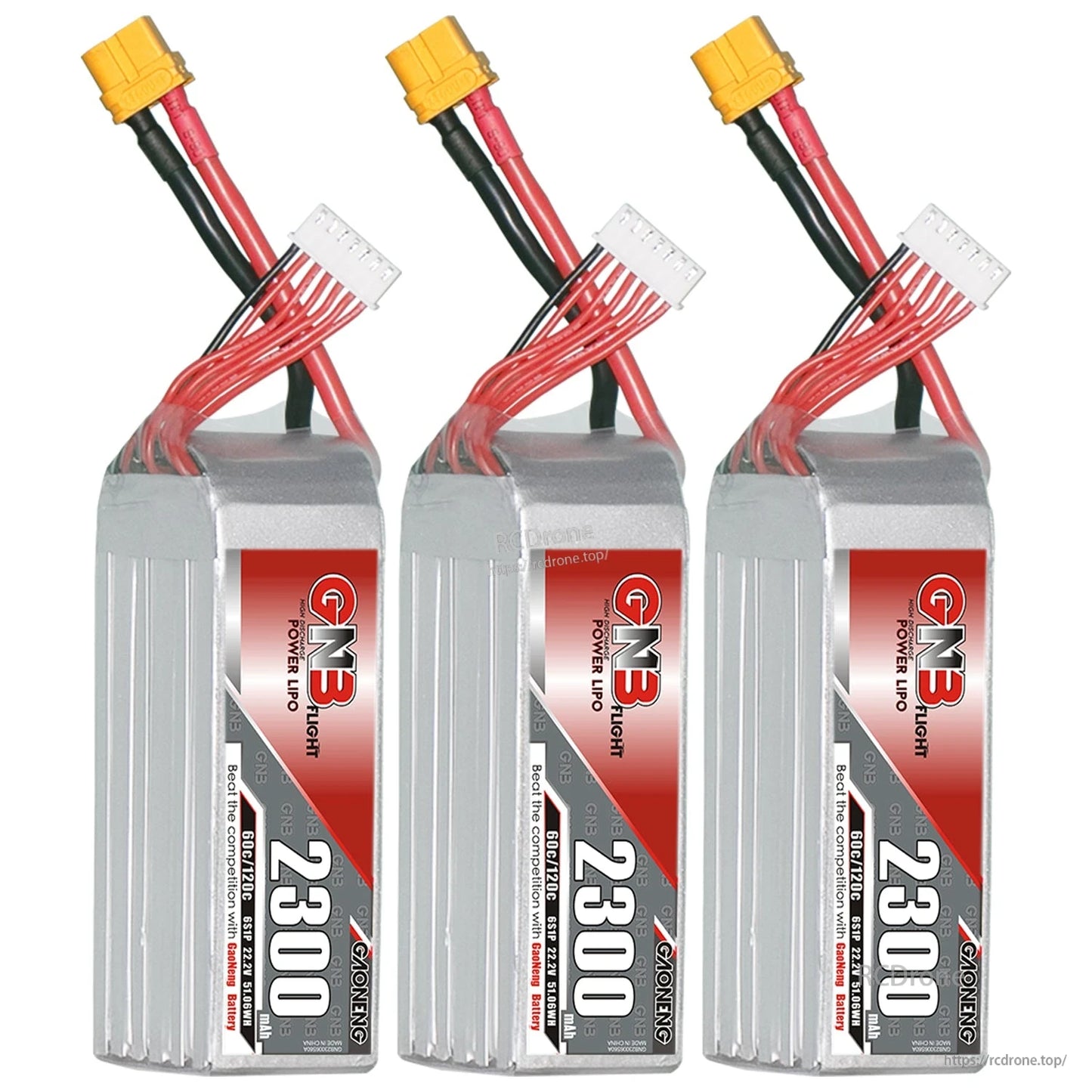 Three-pack lineup of GNB 2300 batteries with XT60 connectors, front labels visible