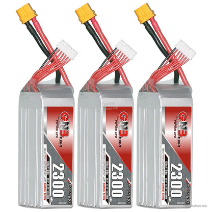 Three-pack lineup of GNB 2300 batteries with XT60 connectors, front labels visible