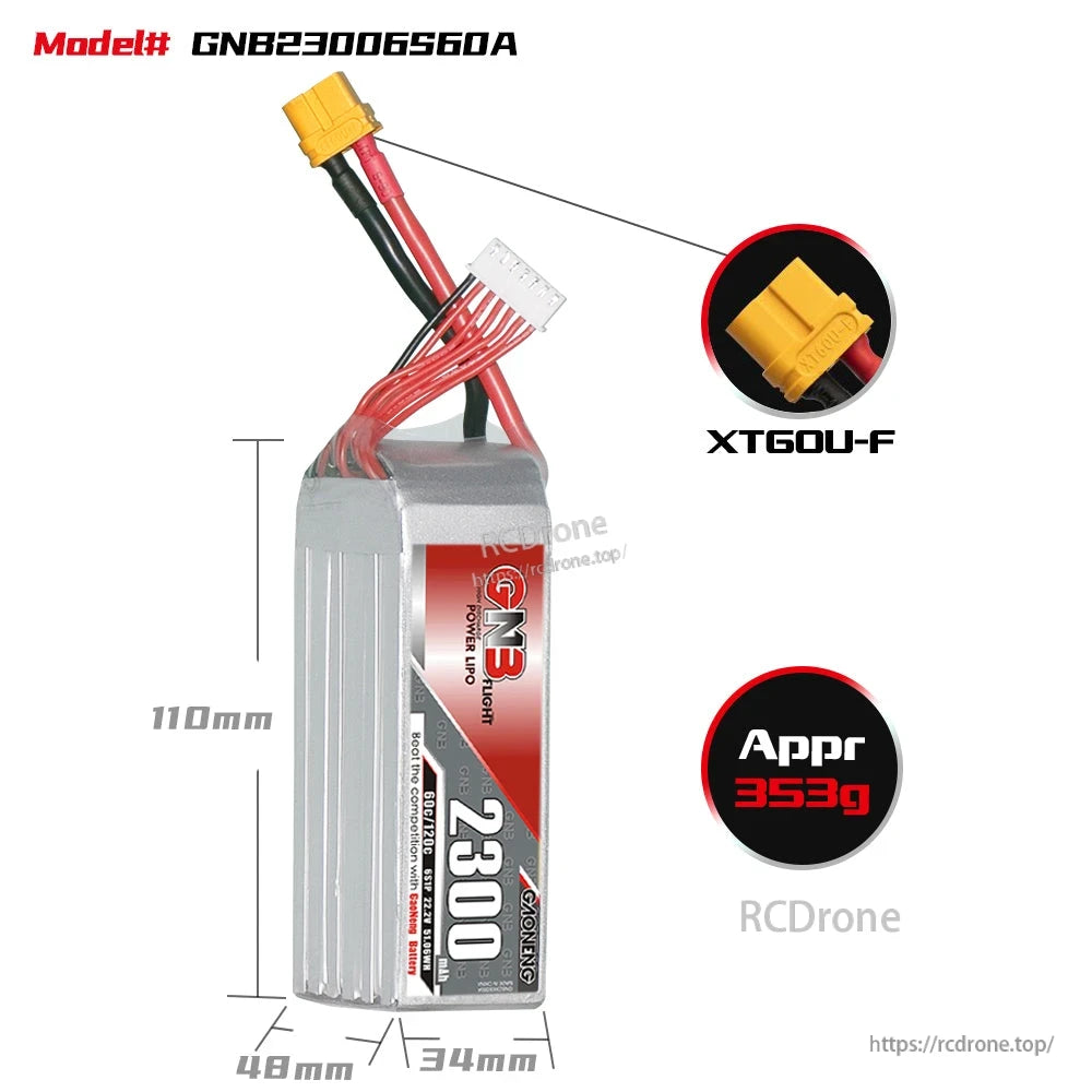 GNB23006S60A size and weight chart: 110×48×34mm, XT60U-F connector, approx 353g